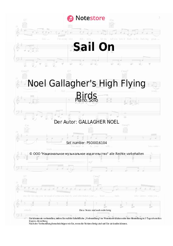 Noten Noel Gallagher's High Flying Birds - Sail On - Klavier.Solo