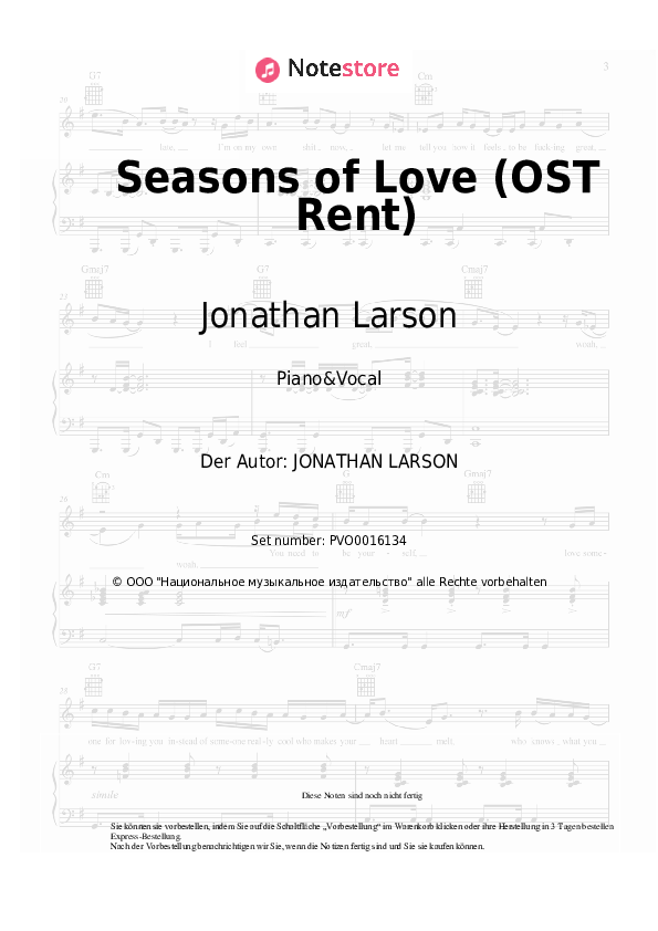 Noten mit Gesang Jonathan Larson - Seasons of Love (OST Rent) - Klavier&Gesang