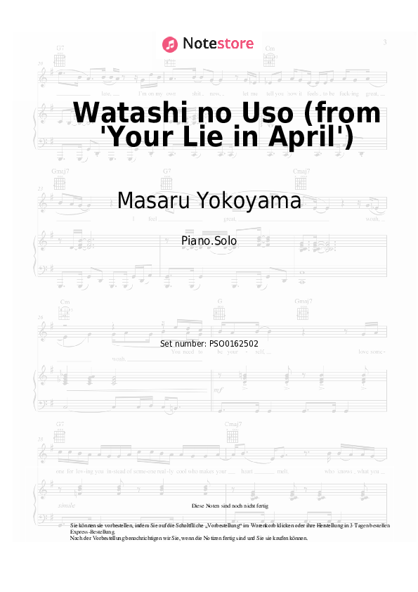 Noten Masaru Yokoyama - Watashi no Uso (from 'Your Lie in April') - Klavier.Solo