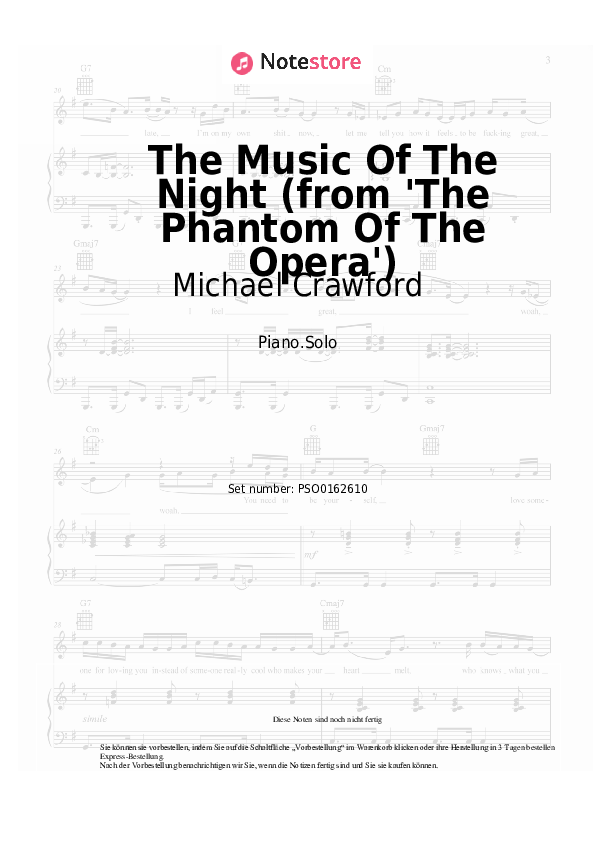 Noten Michael Crawford, Andrew Lloyd Webber - The Music Of The Night (from 'The Phantom Of The Opera') - Klavier.Solo