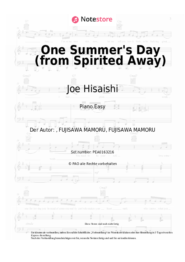 Einfache Noten Joe Hisaishi - One Summer's Day (from Spirited Away) - Klavier.Einfach