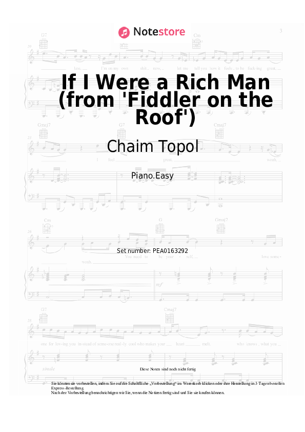 Einfache Noten Chaim Topol, Jerry Bock, Sheldon Harnick - If I Were a Rich Man (from 'Fiddler on the Roof') - Klavier.Einfach