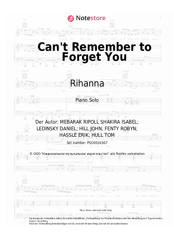 Noten Shakira, Rihanna - Can't Remember to Forget You - Klavier.Solo