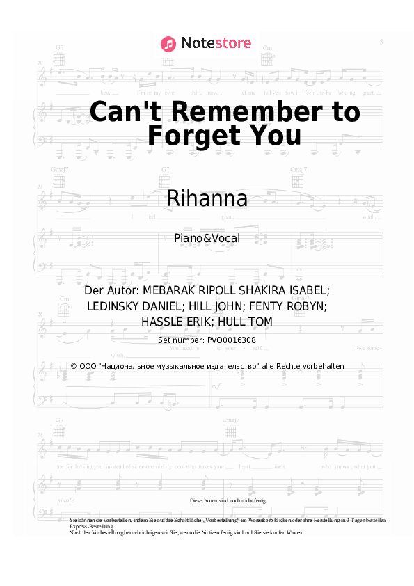 Noten mit Gesang Shakira, Rihanna - Can't Remember to Forget You - Klavier&Gesang