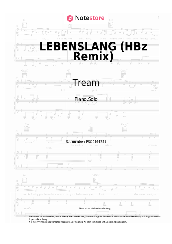 Noten Tream, HBz - LEBENSLANG (HBz Remix) - Klavier.Solo