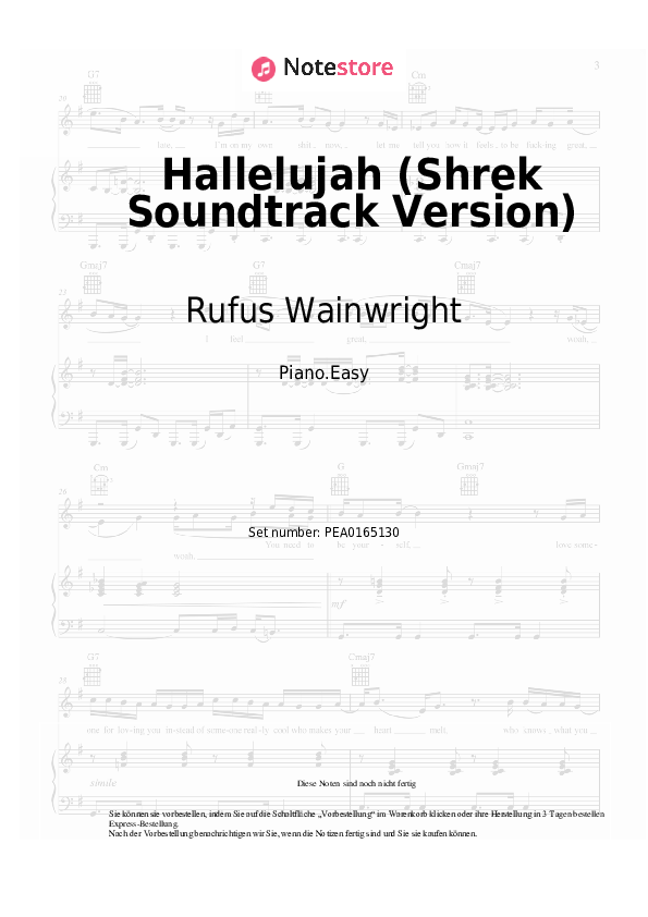 Einfache Noten Rufus Wainwright - Hallelujah (Shrek Soundtrack Version) - Klavier.Einfach