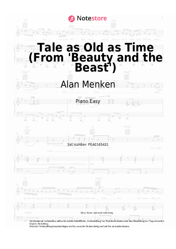 Einfache Noten Alan Menken, Angela Lansbury - Tale as Old as Time (From 'Beauty and the Beast') - Klavier.Einfach