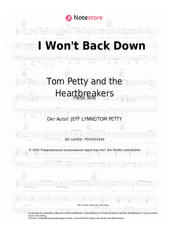 Noten Tom Petty and the Heartbreakers - I Won't Back Down - Klavier.Solo
