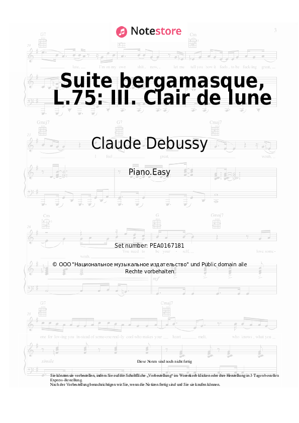 Einfache Noten Claude Debussy - Suite bergamasque, L.75: III. Clair de lune - Klavier.Einfach