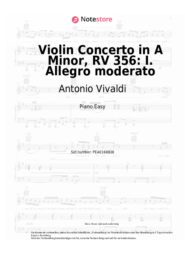 Einfache Noten Antonio Vivaldi - Violin Concerto in A Minor, RV 356: I. Allegro moderato - Klavier.Einfach