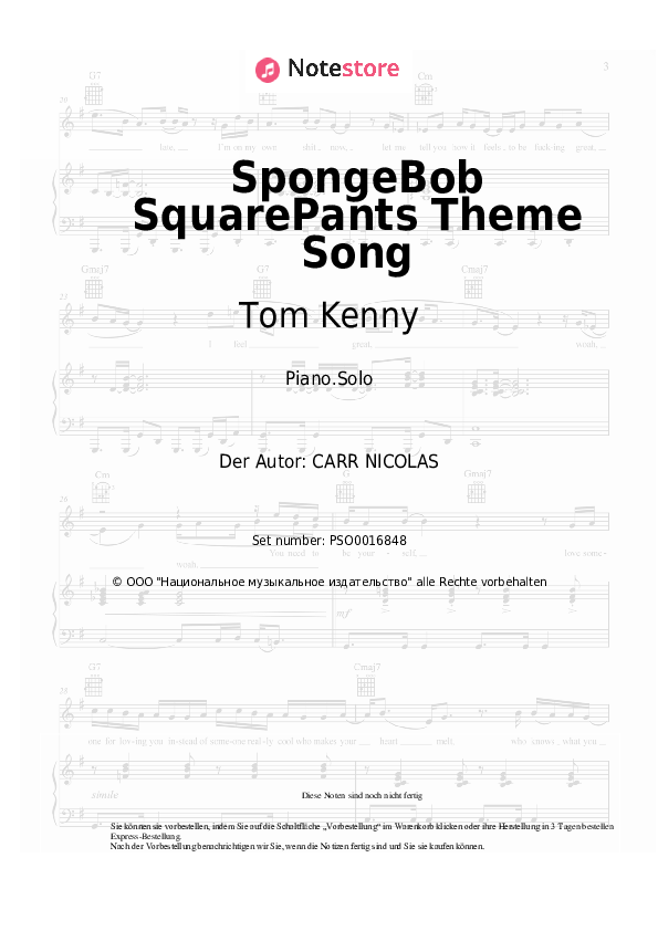 Noten Tom Kenny - SpongeBob SquarePants Theme Song - Klavier.Solo