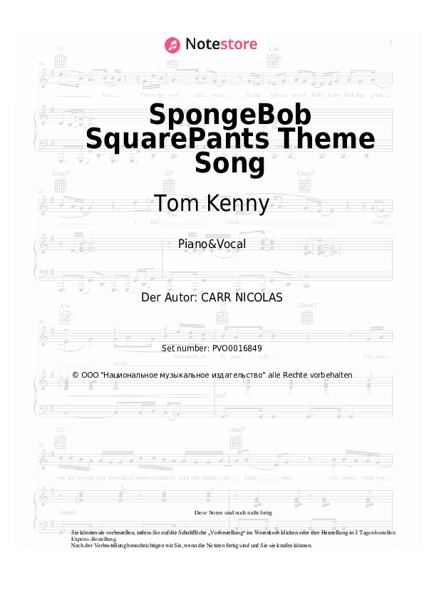 Noten mit Gesang Tom Kenny - SpongeBob SquarePants Theme Song - Klavier&Gesang