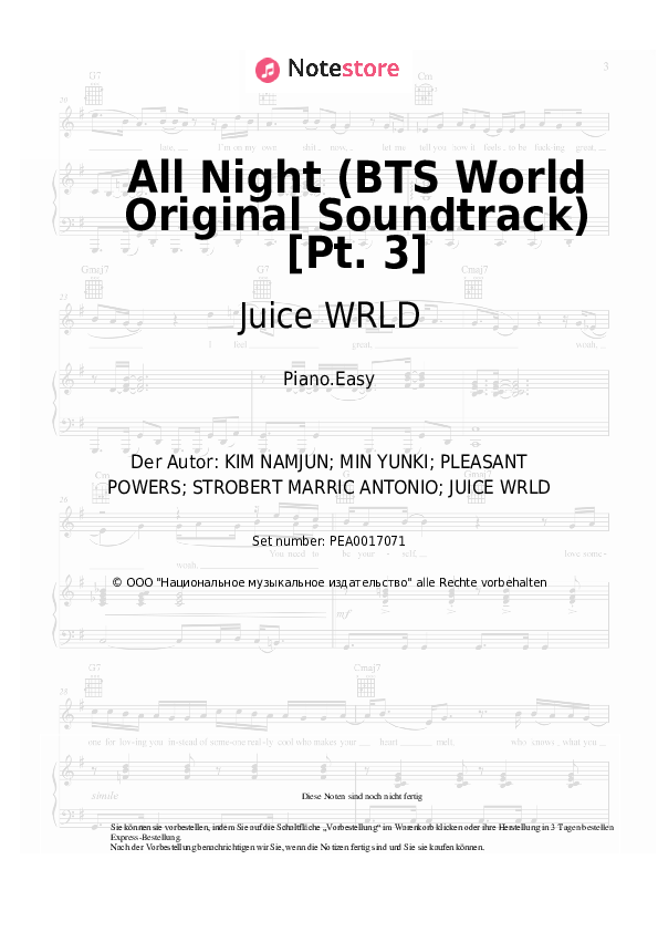 Einfache Noten BTS, Juice WRLD - All Night (BTS World Original Soundtrack) [Pt. 3] - Klavier.Easy