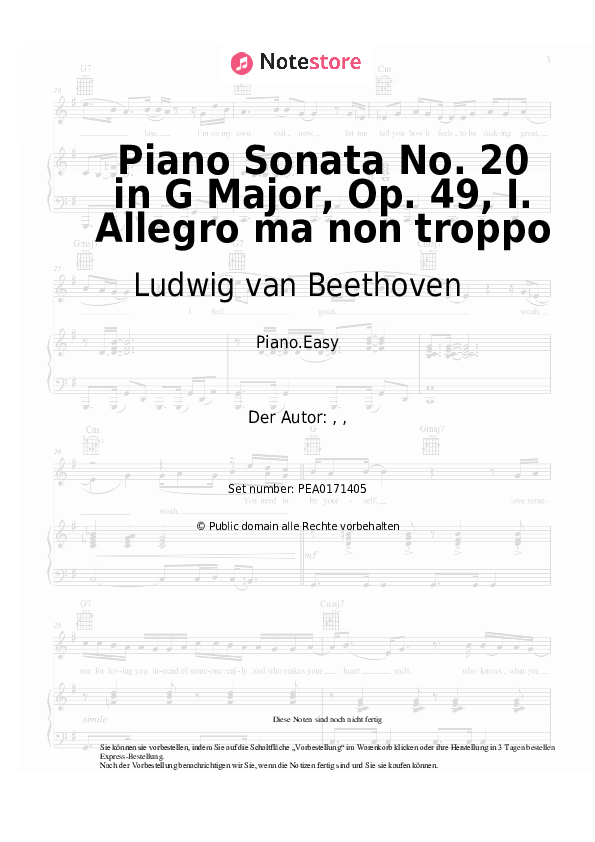 Einfache Noten Ludwig van Beethoven - Piano Sonata No. 20 in G Major, Op. 49, I. Allegro ma non troppo - Klavier.Einfach