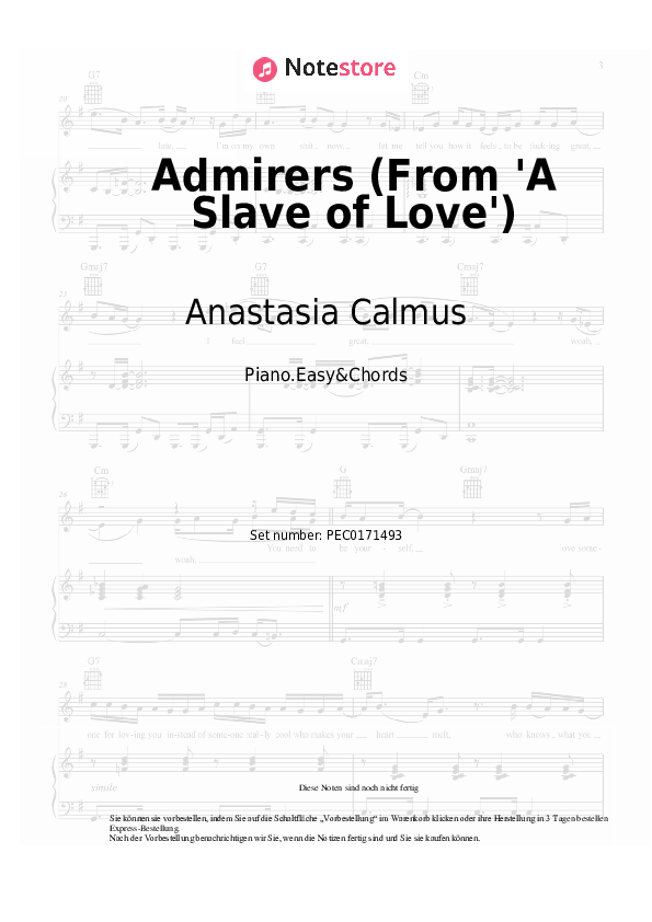 Einfache Noten und Akkorde Anastasia Calmus - Admirers (From 'A Slave of Love') - Klavier.Einfach&Akkorde