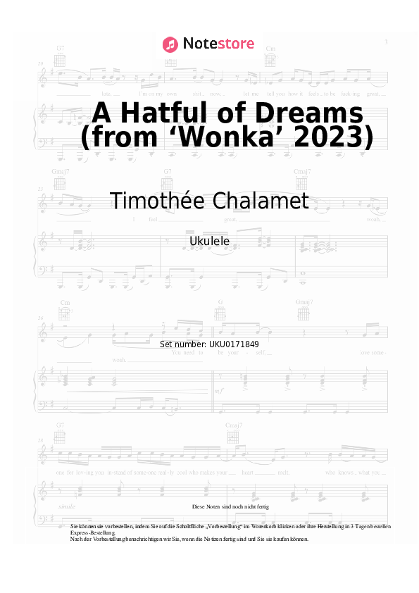 Noten Timothée Chalamet, The Cast of Wonka - A Hatful of Dreams (from ‘Wonka’ 2023) - Ukulele