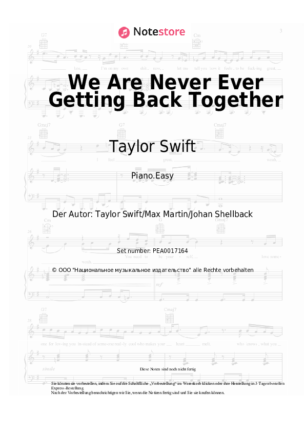 Einfache Noten Taylor Swift - We Are Never Ever Getting Back Together - Klavier.Easy