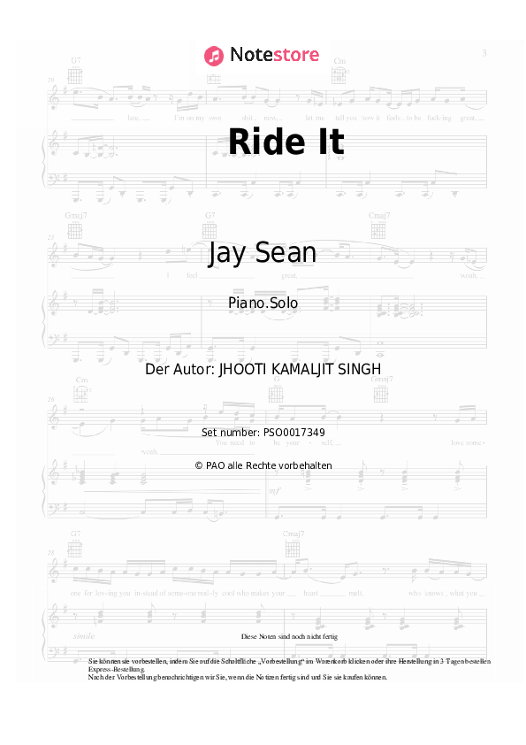 Noten Jay Sean - Ride It - Klavier.Solo