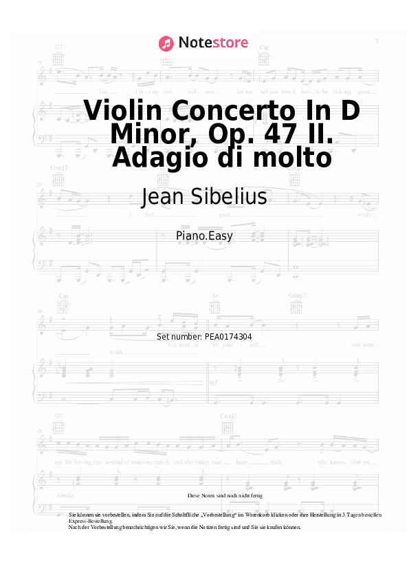 Einfache Noten Jean Sibelius - Violin Concerto In D Minor, Op. 47 II. Adagio di molto - Klavier.Einfach