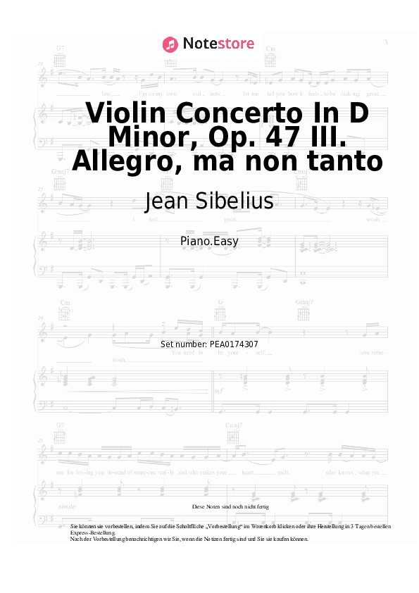 Einfache Noten Jean Sibelius - Violin Concerto In D Minor, Op. 47 III. Allegro, ma non tanto - Klavier.Einfach