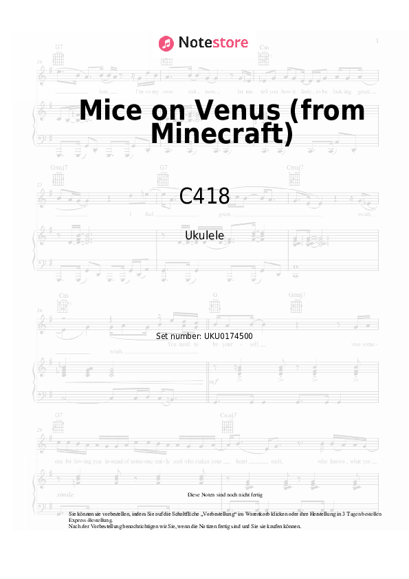 Noten C418 - Mice on Venus (from Minecraft) - Ukulele