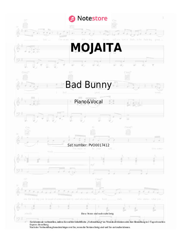 Noten mit Gesang J Balvin, Bad Bunny - MOJAITA - Klavier&Gesang