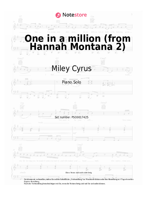 Noten Miley Cyrus - One in a million (from Hannah Montana 2) - Klavier.Solo