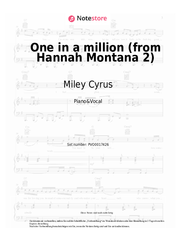 Noten mit Gesang Miley Cyrus - One in a million (from Hannah Montana 2) - Klavier&Gesang