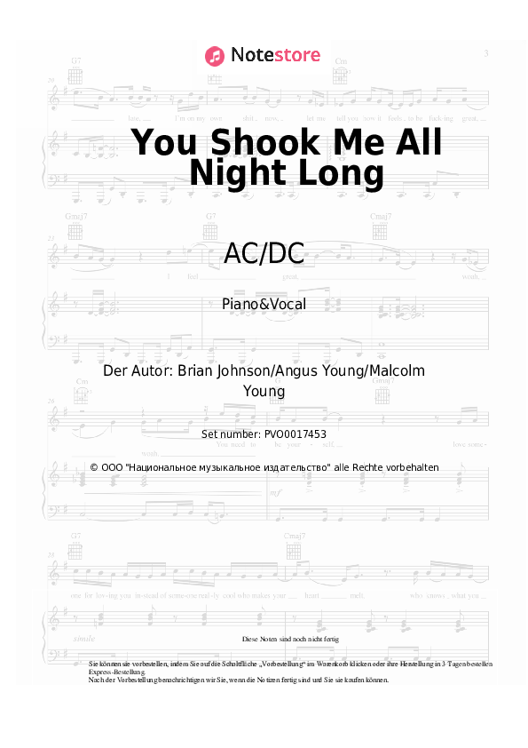 Noten mit Gesang AC/DC - You Shook Me All Night Long - Klavier&Gesang