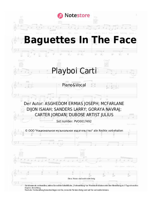 Noten mit Gesang Mustard, A Boogie wit da Hoodie, NAV, Playboi Carti - Baguettes In The Face - Klavier&Gesang