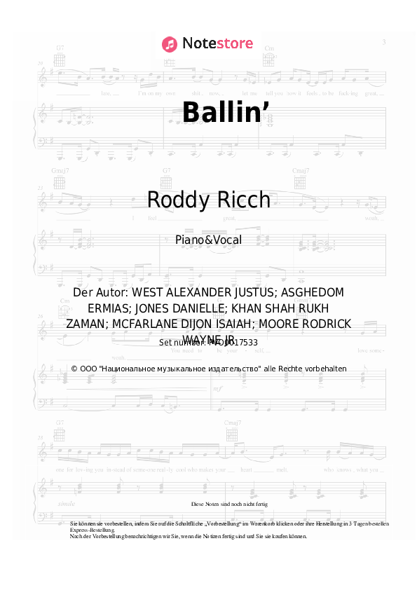 Noten mit Gesang Mustard, Roddy Ricch - Ballin’ - Klavier&Gesang