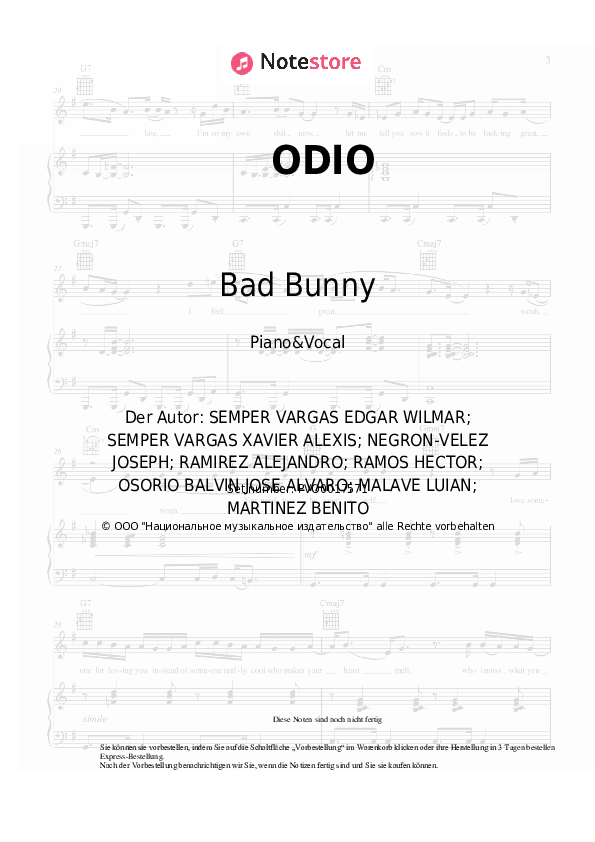Noten mit Gesang J Balvin, Bad Bunny - ODIO - Klavier&Gesang