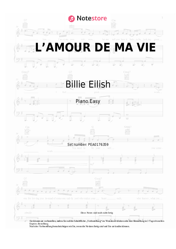 Einfache Noten Billie Eilish - L’AMOUR DE MA VIE - Klavier.Einfach