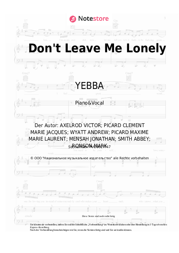 Noten mit Gesang Mark Ronson, YEBBA - Don't Leave Me Lonely - Klavier&Gesang