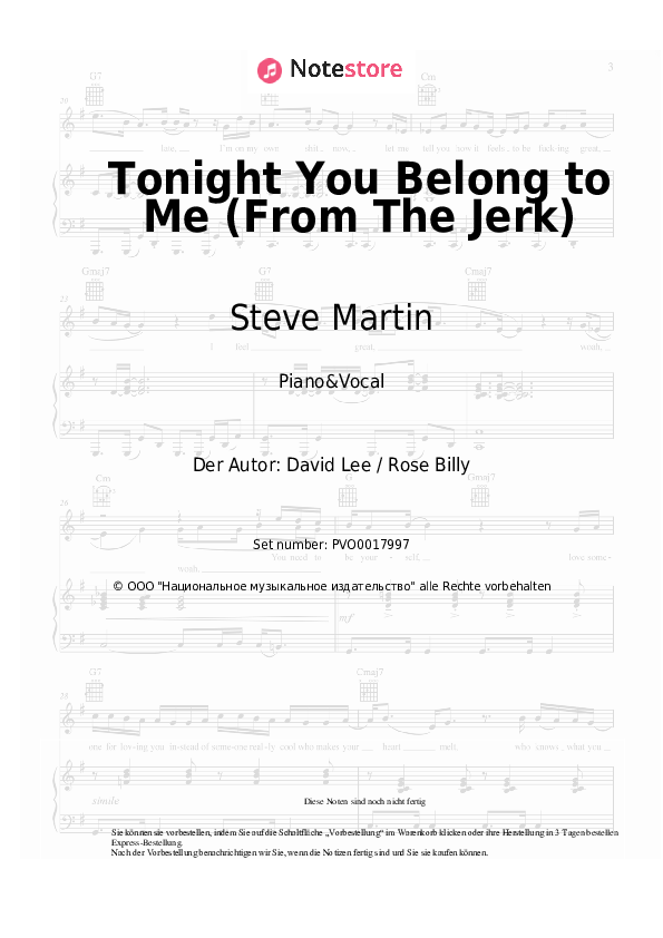 Noten mit Gesang Steve Martin - Tonight You Belong to Me (From The Jerk) - Klavier&Gesang
