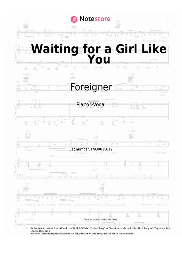 Noten mit Gesang Foreigner - Waiting for a Girl Like You - Klavier&Gesang