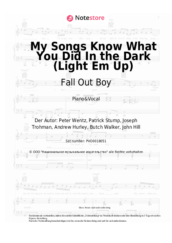 Noten mit Gesang Fall Out Boy - My Songs Know What You Did In the Dark (Light Em Up) - Klavier&Gesang