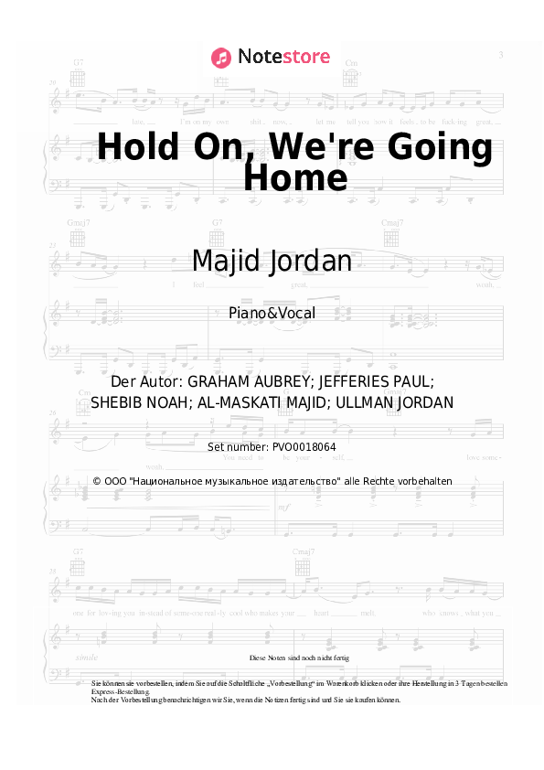Noten mit Gesang Drake, Majid Jordan - Hold On, We're Going Home - Klavier&Gesang