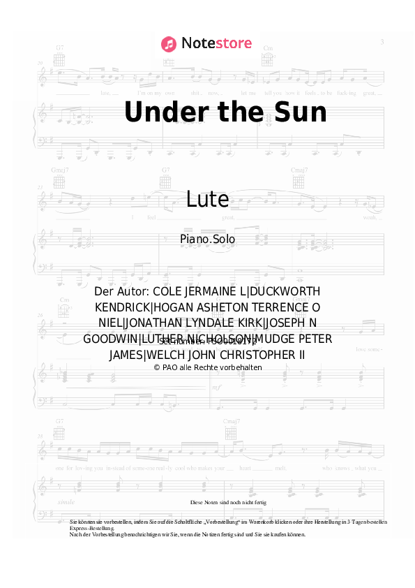 Noten Dreamville, J. Cole, DaBaby, Lute - Under the Sun - Klavier.Solo