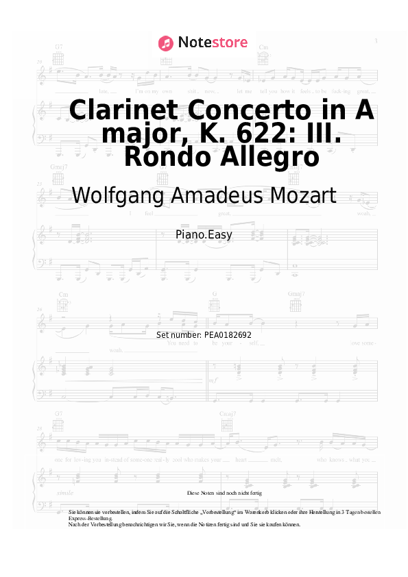 Einfache Noten Wolfgang Amadeus Mozart - Clarinet Concerto in A major, K. 622: III. Rondo Allegro - Klavier.Einfach