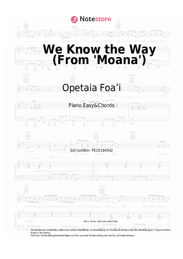 Einfache Noten und Akkorde Opetaia Foa’i, Lin-Manuel Miranda - We Know the Way (From 'Moana') - Klavier.Einfach&Akkorde