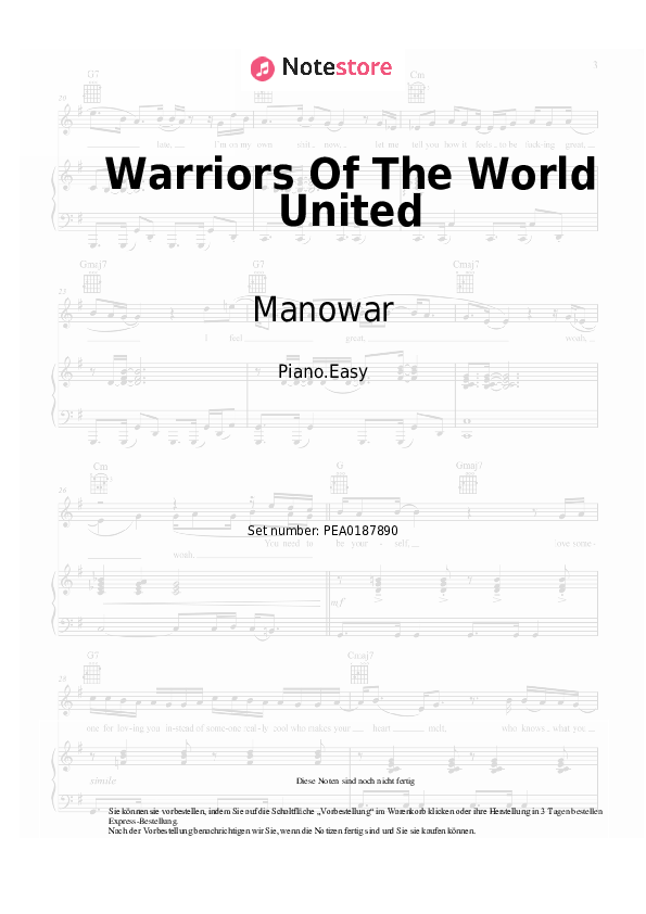 Einfache Noten Manowar - Warriors Of The World United - Klavier.Einfach