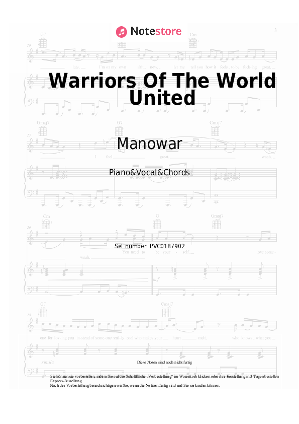 Noten und Akkorde Manowar - Warriors Of The World United - Klavier&Gesang&Akkorde