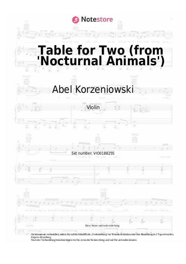 Noten Abel Korzeniowski - Table for Two (from 'Nocturnal Animals') - Violine