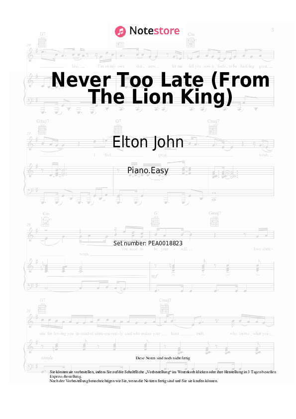 Einfache Noten Elton John - Never Too Late (From The Lion King) - Klavier.Easy