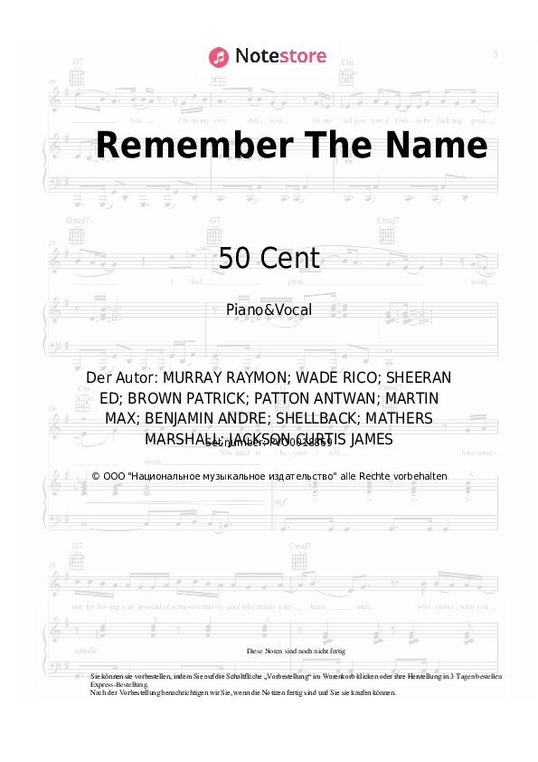 Noten mit Gesang Ed Sheeran, Eminem, 50 Cent - Remember The Name - Klavier&Gesang