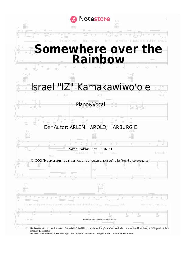Noten mit Gesang Israel "IZ" Kamakawiwoʻole - Somewhere over the Rainbow - Klavier&Gesang