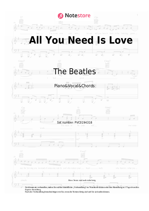 Noten und Akkorde The Beatles - All You Need Is Love - Klavier&Gesang&Akkorde