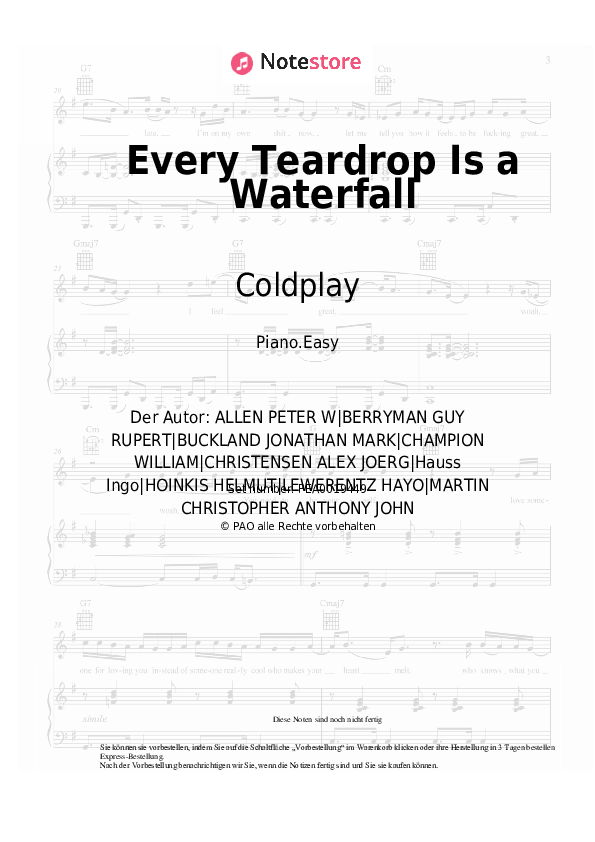 Einfache Noten Coldplay - Every Teardrop Is a Waterfall - Klavier.Easy