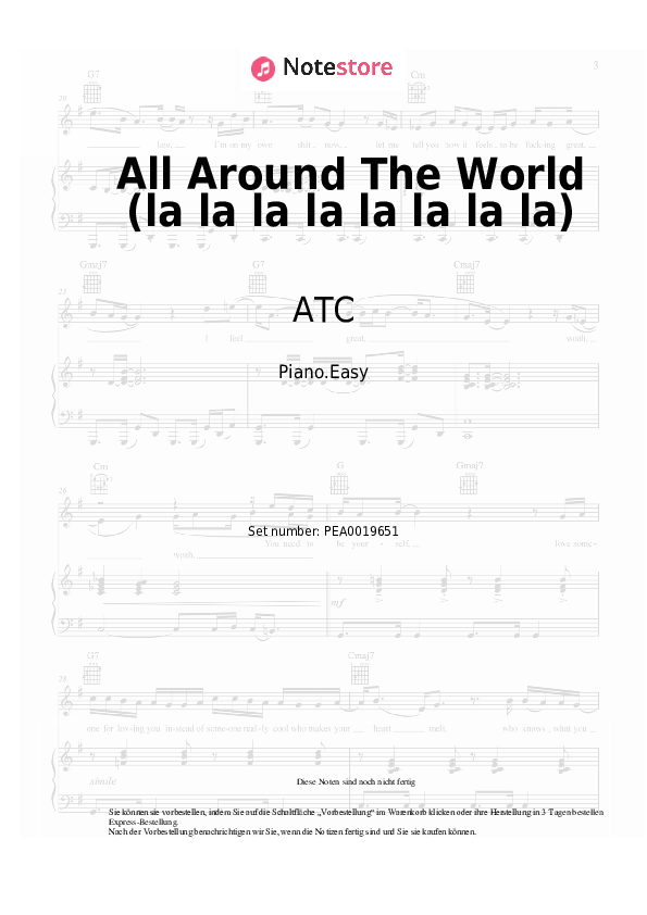 Einfache Noten ATC - All Around The World (la la la la la la la la) - Klavier.Easy